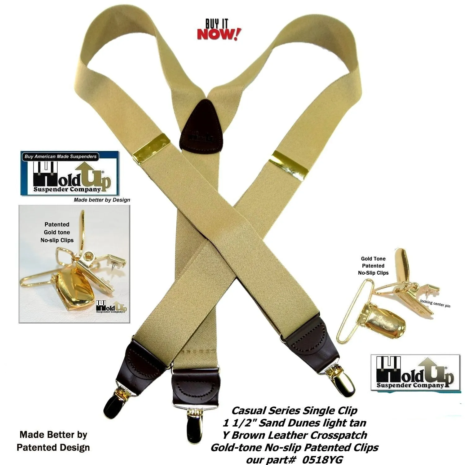 Holdup Casual Series Sand Dunes Tan Y-back Suspenders with USA Patented Gold-tone No-Slip  Clips