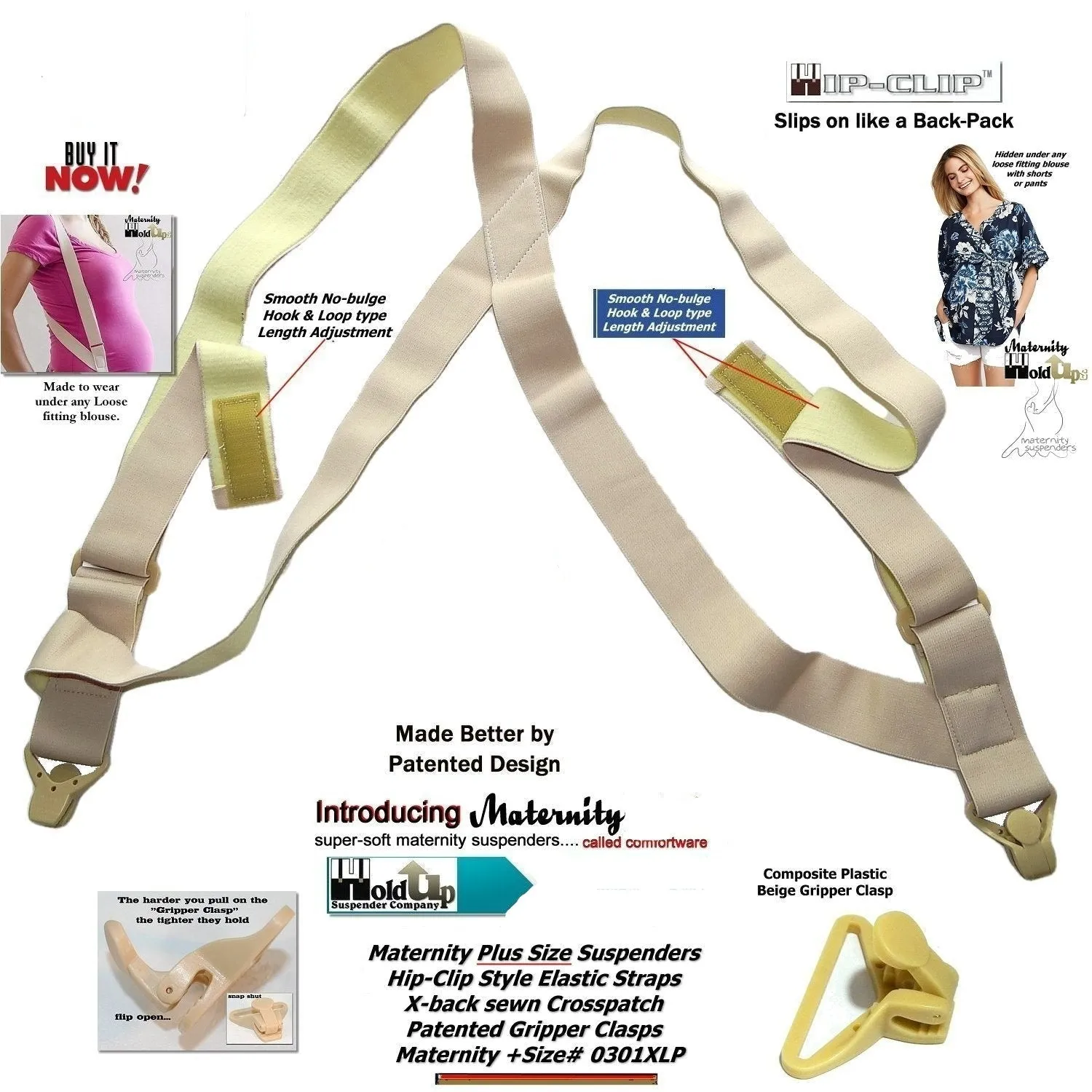 HoldUp Plus Size Maternity Hidden side clip Suspenders with beige Patented Gripper clasps