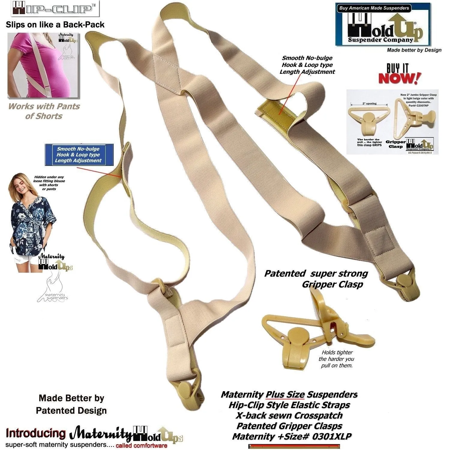 HoldUp Plus Size Maternity Hidden side clip Suspenders with beige Patented Gripper clasps