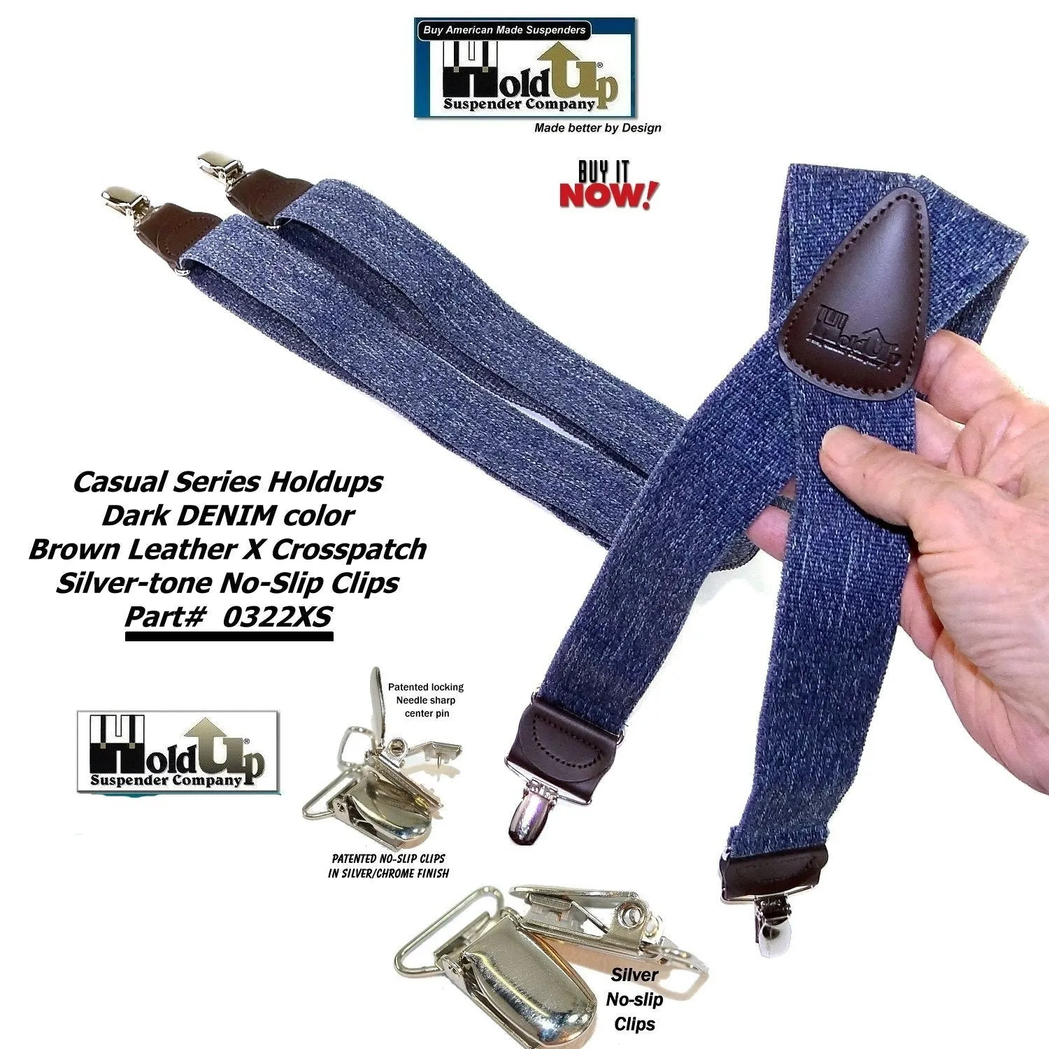 HoldUp Suspender Company's Dark Blue Denim X-back Suspenders in 1 1/2" width and USA Patented No-slip Nickel plated Clips