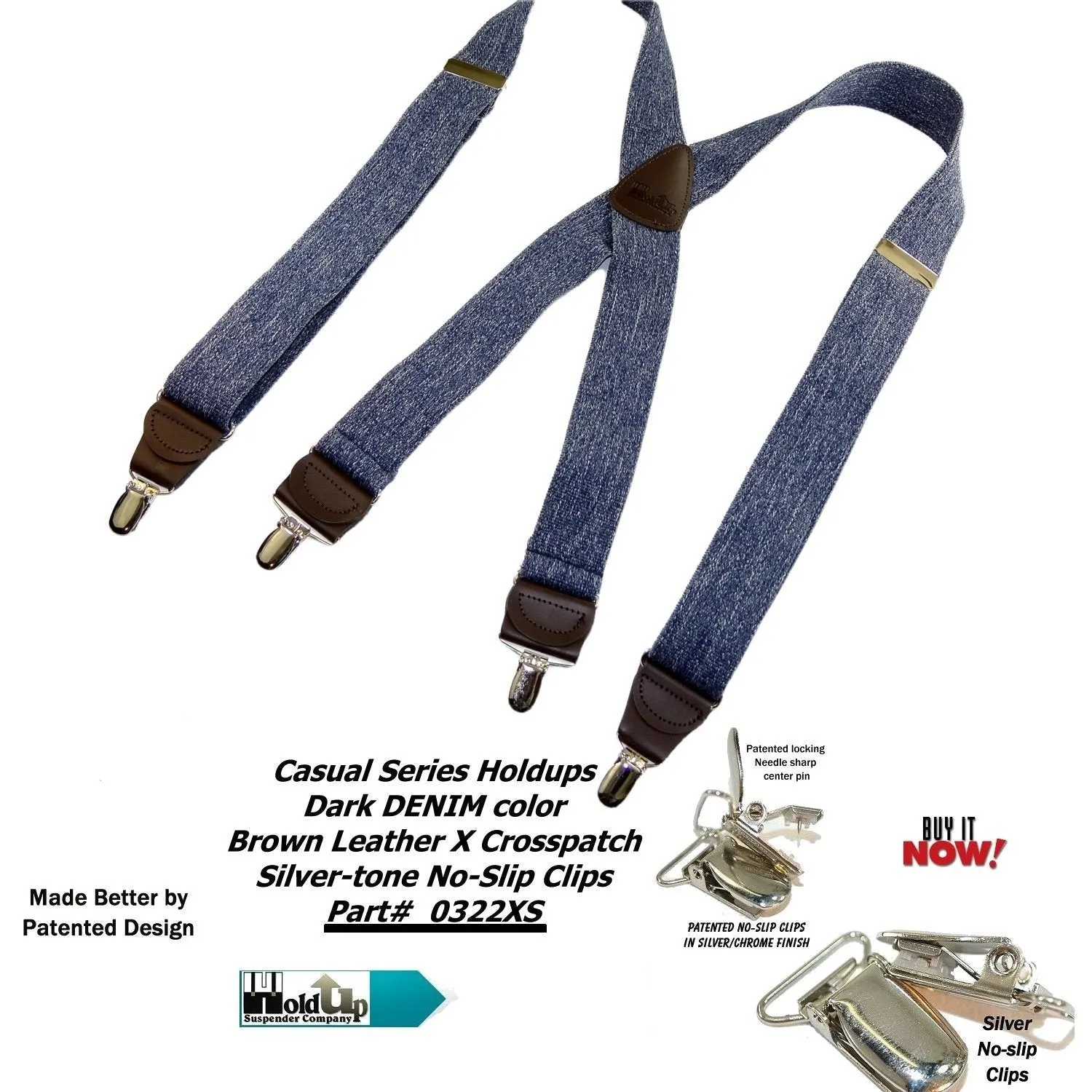 HoldUp Suspender Company's Dark Blue Denim X-back Suspenders in 1 1/2" width and USA Patented No-slip Nickel plated Clips