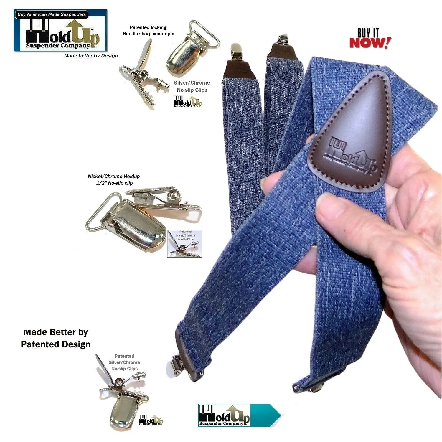 HoldUp Suspender Company's Dark Blue Denim X-back Suspenders in 1 1/2" width and USA Patented No-slip Nickel plated Clips