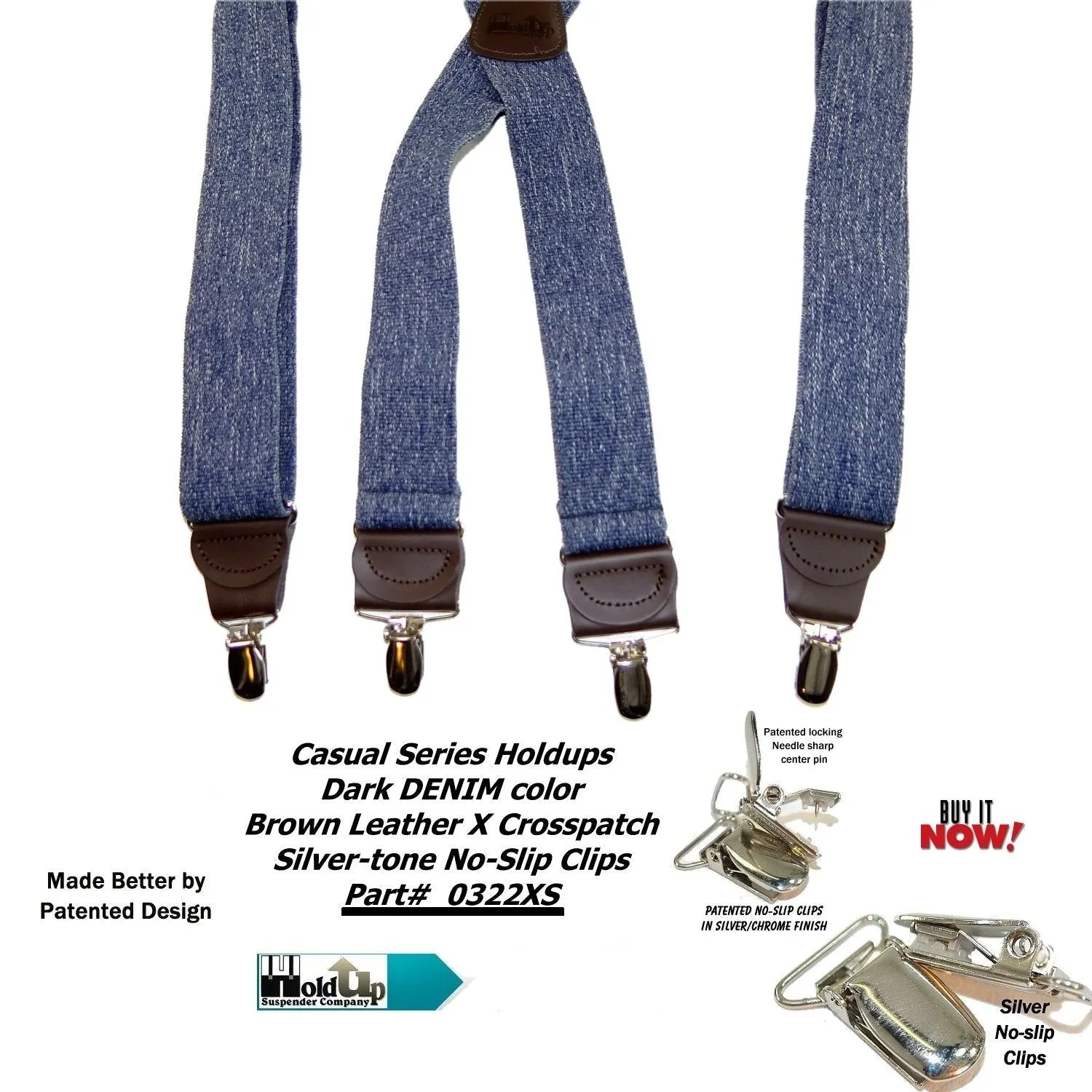 HoldUp Suspender Company's Dark Blue Denim X-back Suspenders in 1 1/2" width and USA Patented No-slip Nickel plated Clips