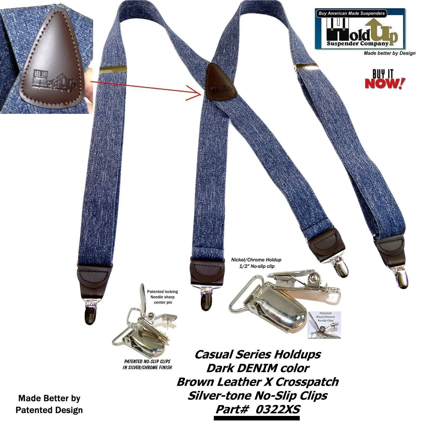 HoldUp Suspender Company's Dark Blue Denim X-back Suspenders in 1 1/2" width and USA Patented No-slip Nickel plated Clips