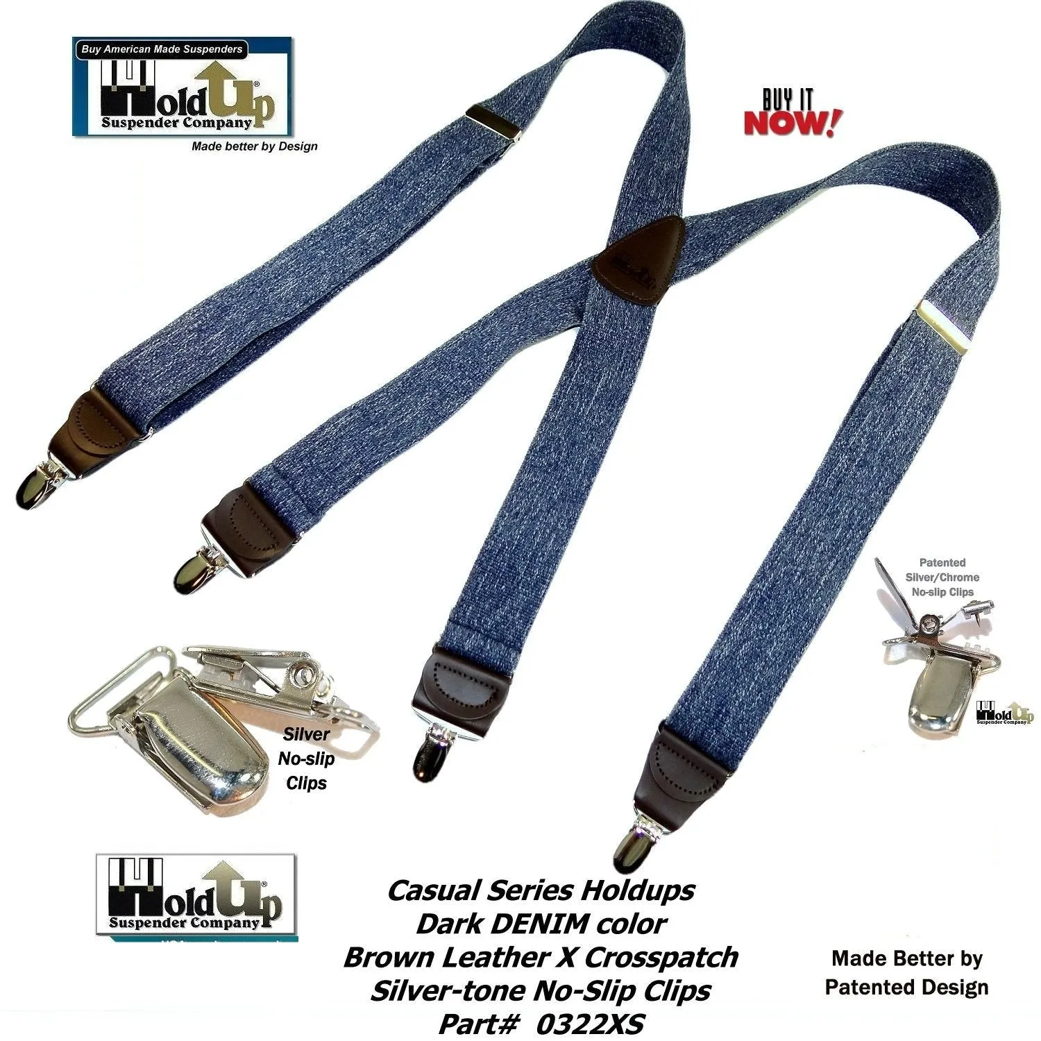 HoldUp Suspender Company's Dark Blue Denim X-back Suspenders in 1 1/2" width and USA Patented No-slip Nickel plated Clips