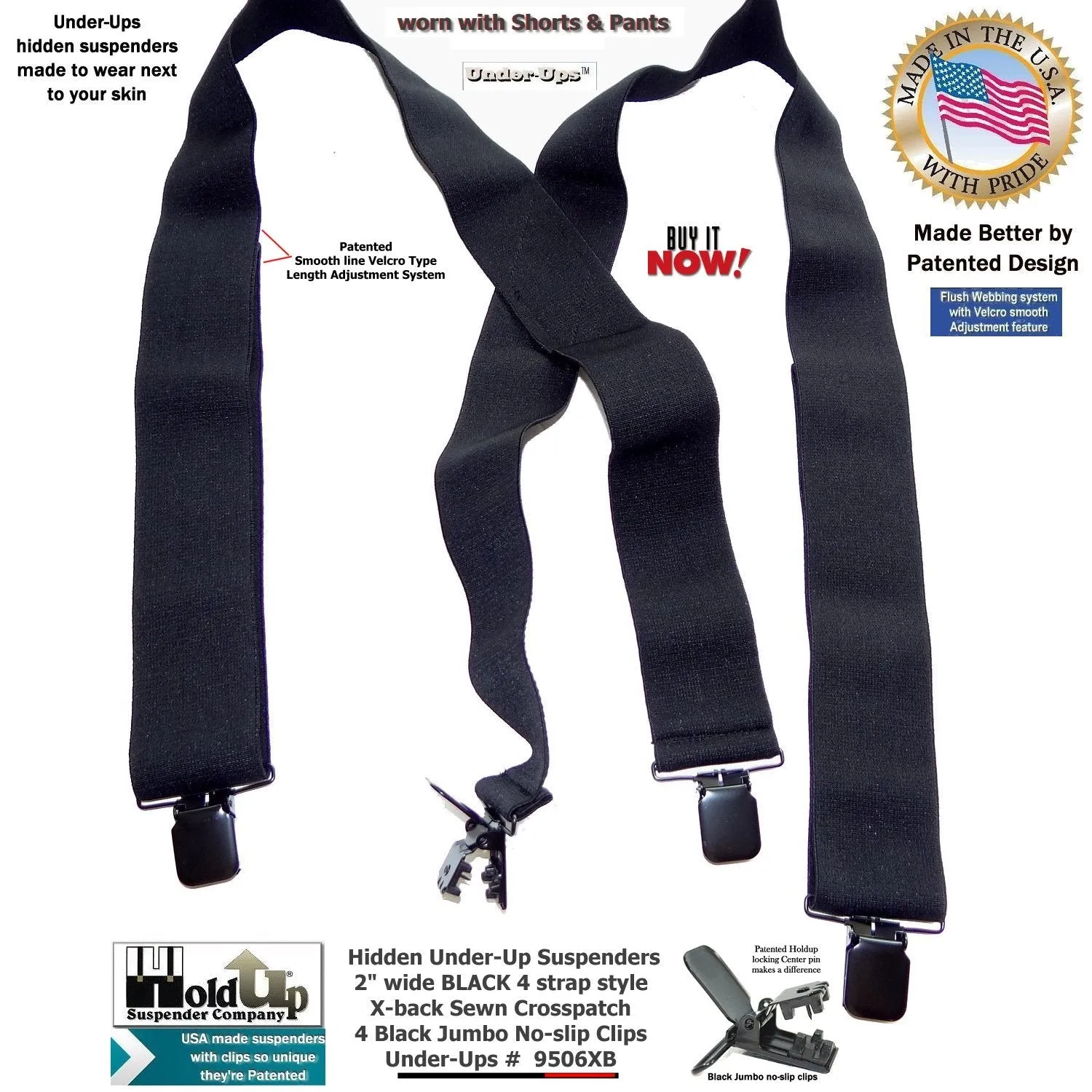 Holdup Wide All Black Undergarment Hidden X-back Suspenders with Patented Black Jumbo No-slip Clips