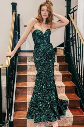 Hunter Green Sweetheart Mermaid Long Prom Dresses,Sparkly Sequin Formal Dresses