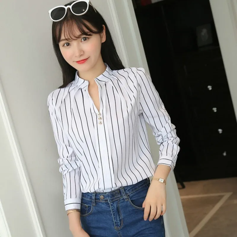 JFUNCY Women White Tops Women&#39;s Blouses Fashion Stripe Print Casual Long Sleeve Office Lady Work Shirts Female Slim Blusas