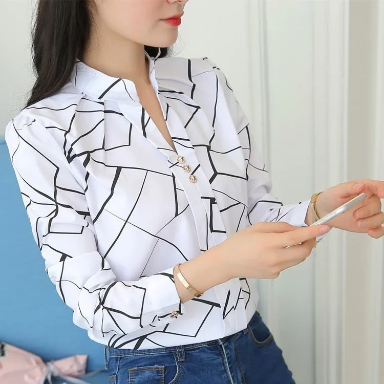 JFUNCY Women White Tops Women&#39;s Blouses Fashion Stripe Print Casual Long Sleeve Office Lady Work Shirts Female Slim Blusas