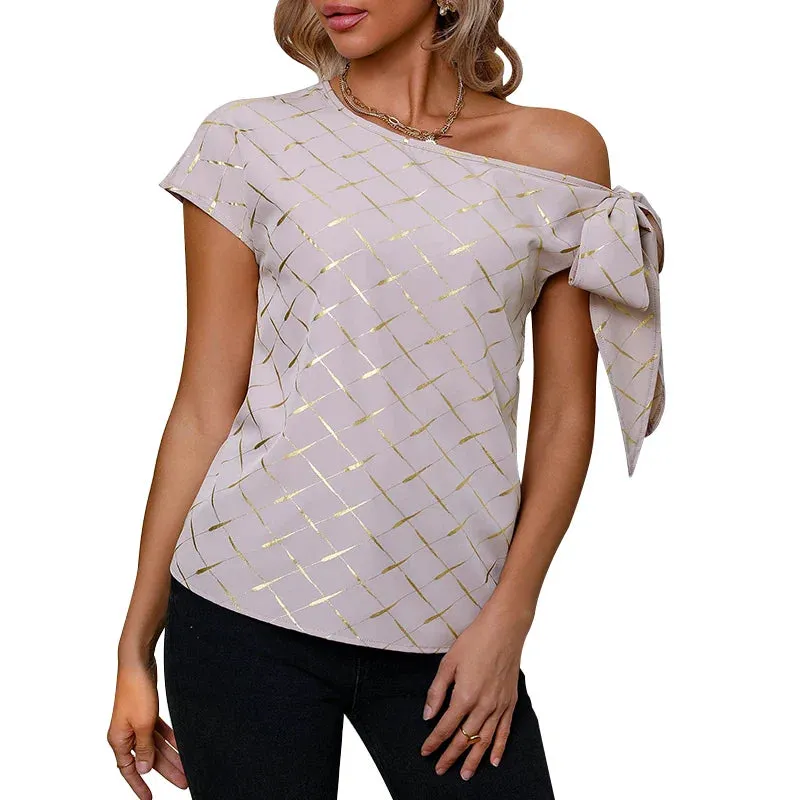 Knitted Jacquard Hollow Petal Sleeve Solid Casual T-shirt