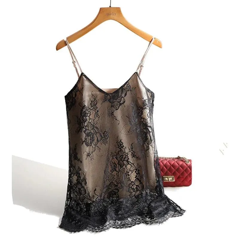 Lace Satin Camisole with Floral Lace Details - Elegant Sleeveless Top for Women