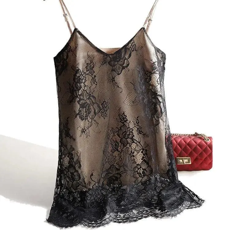 Lace Satin Camisole with Floral Lace Details - Elegant Sleeveless Top for Women