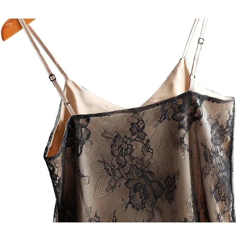 Lace Satin Camisole with Floral Lace Details - Elegant Sleeveless Top for Women