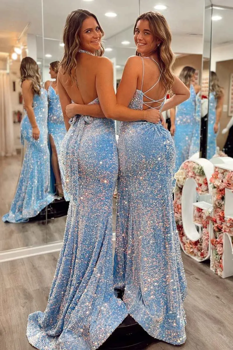 Light Blue Sequin Mermaid Long Prom Dresses,Sexy Red Formal Party Gown