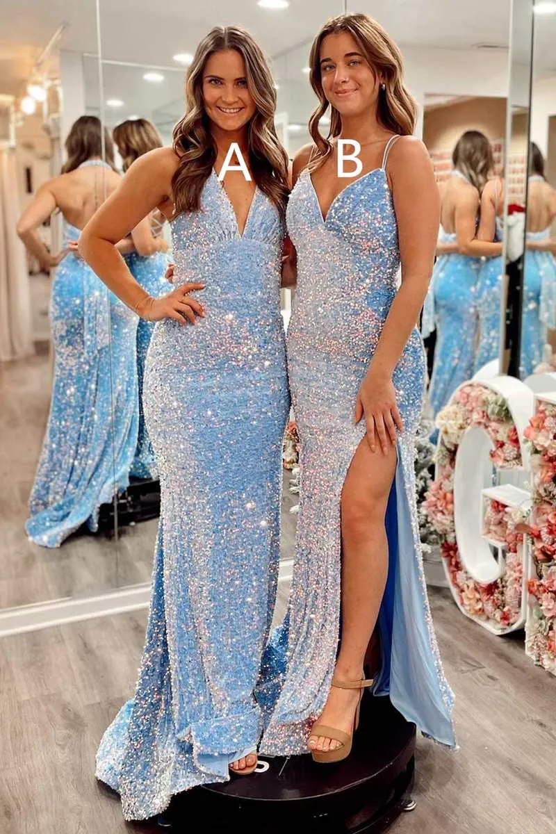 Light Blue Sequin Mermaid Long Prom Dresses,Sexy Red Formal Party Gown