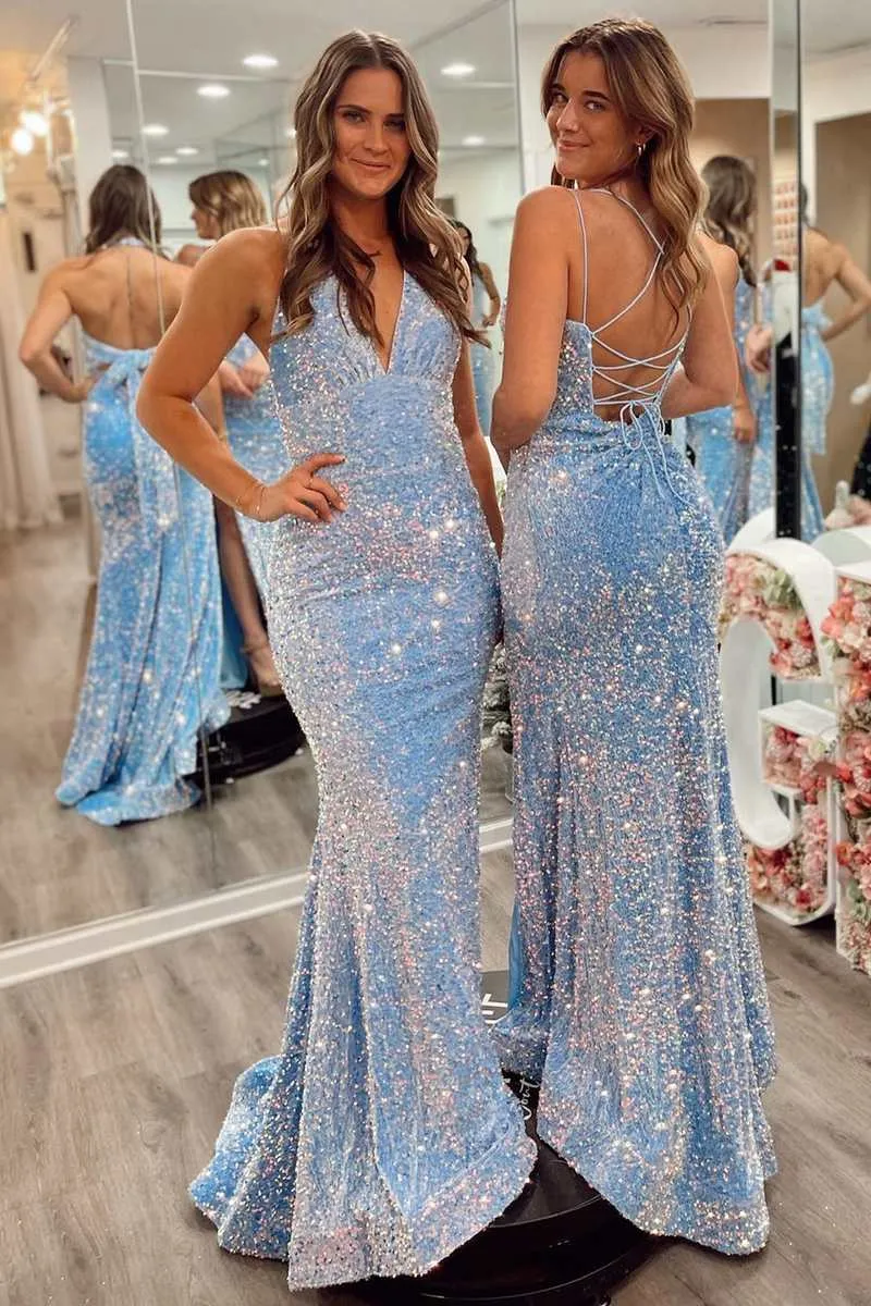 Light Blue Sequin Mermaid Long Prom Dresses,Sexy Red Formal Party Gown