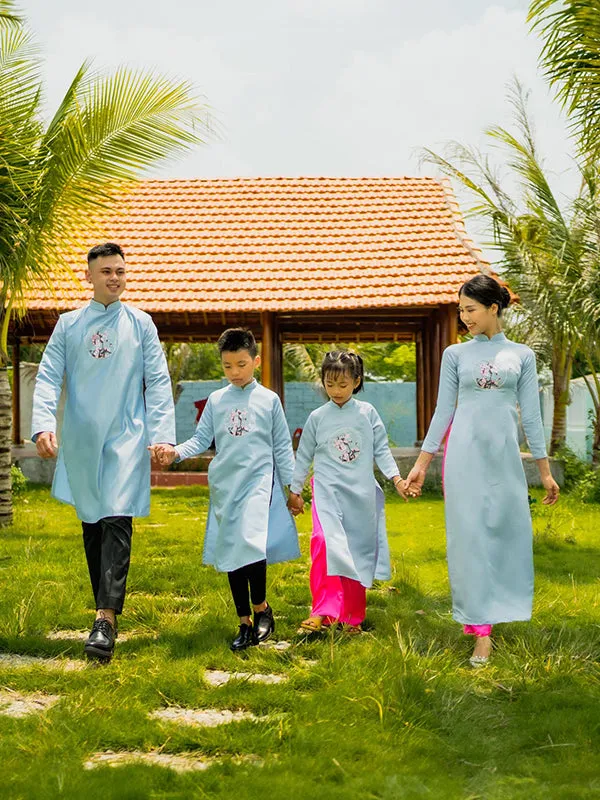 Light Blue Vietnamese Silk Ao Dai Family