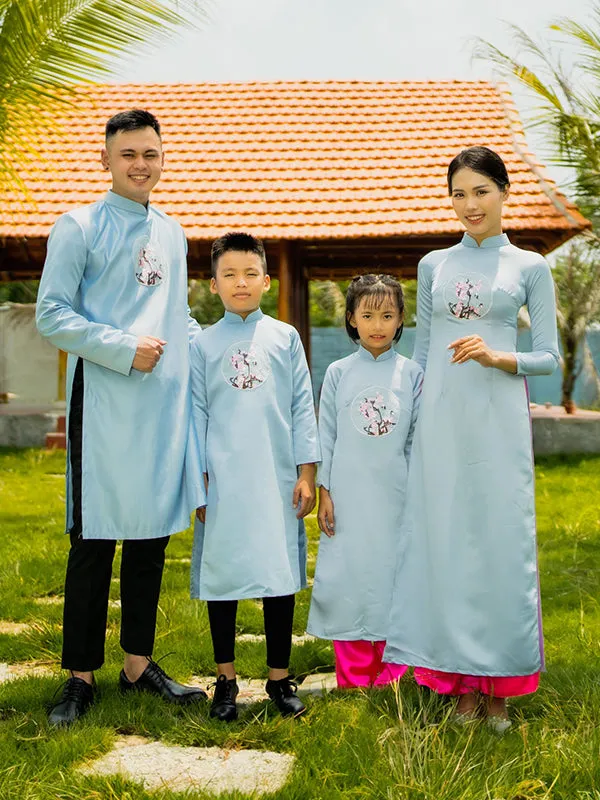 Light Blue Vietnamese Silk Ao Dai Family