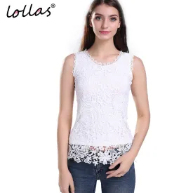 lollas Plus Size New Women Lace Vintage Sleeveless Blouse White Black Elegant Crochet Casual Shirts Tops S M L XL 2XL 3XL