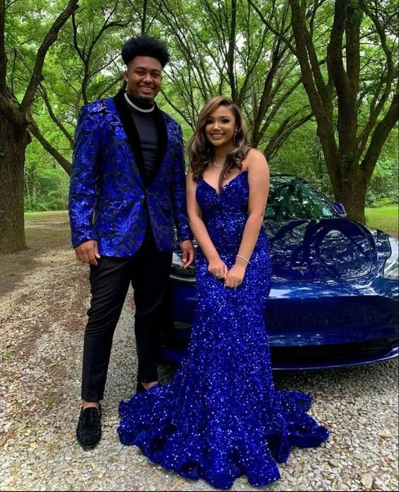 Long Sequin Royal Blue Mermaid Prom Dresses Open Backs