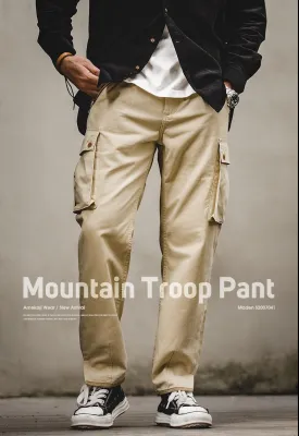 Maden Retro Khaki Tapered Cargo Pants Men Mountain Military Pant Cotton Zipper Pocket Casual Men's Trendy Long