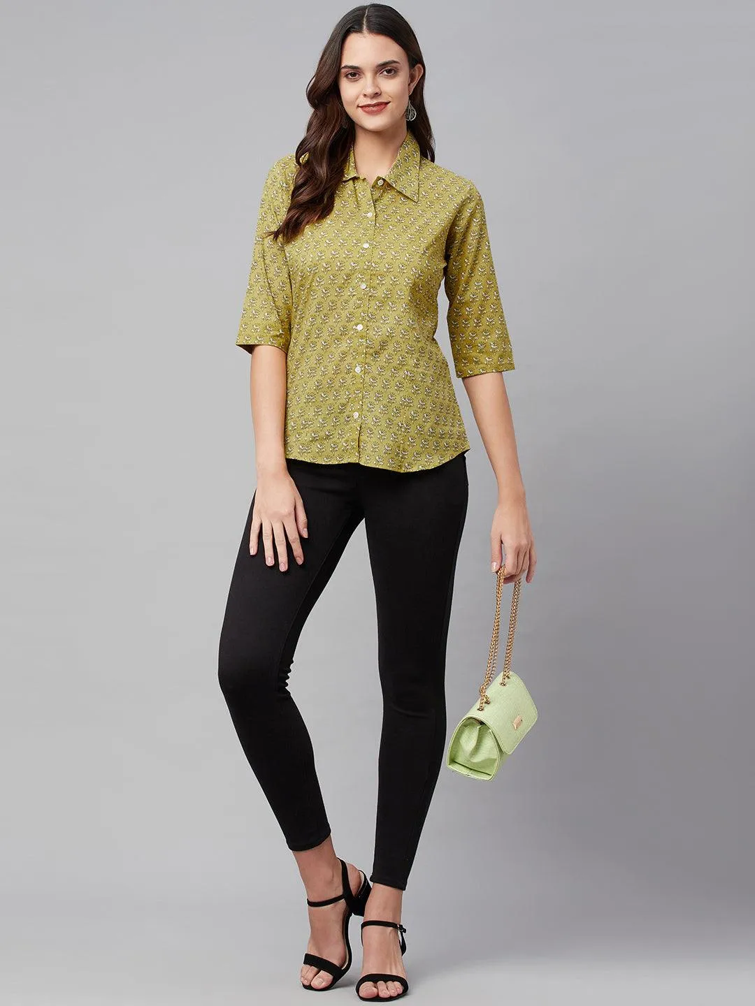 Mehndi Green Block Printed Casual Women Shirts