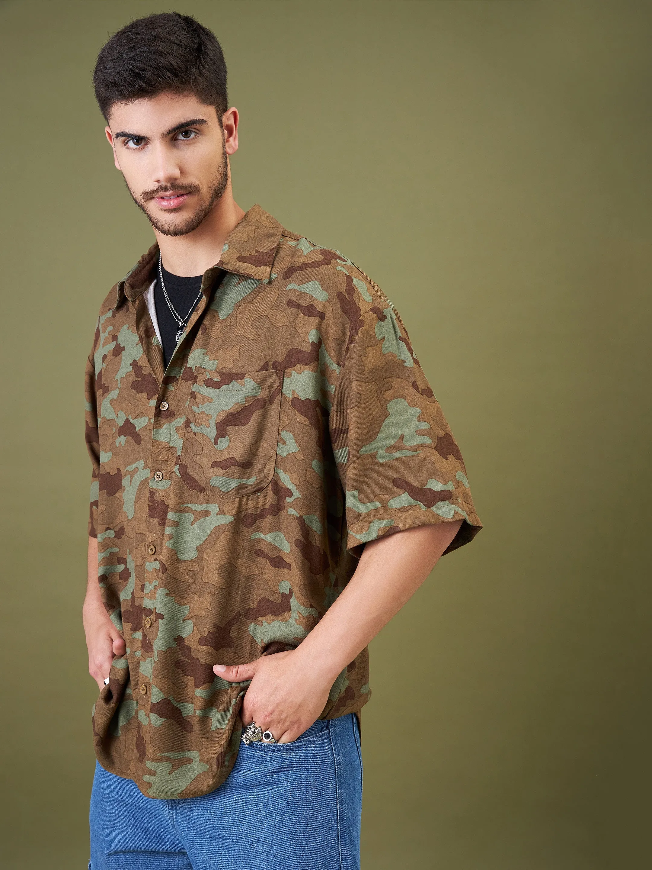 Men Camouflage Born Wild Oversized Shirt