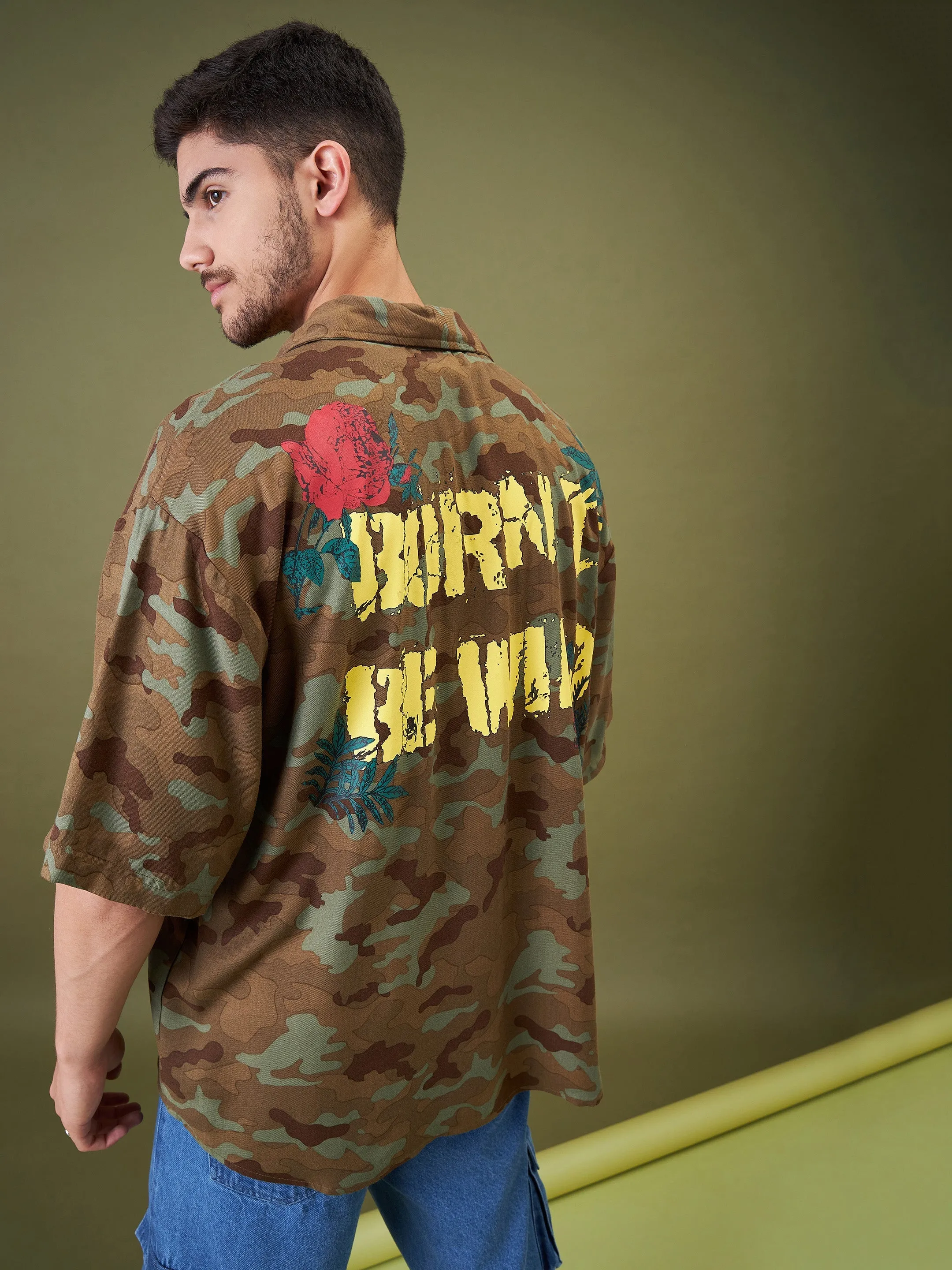 Men Camouflage Born Wild Oversized Shirt