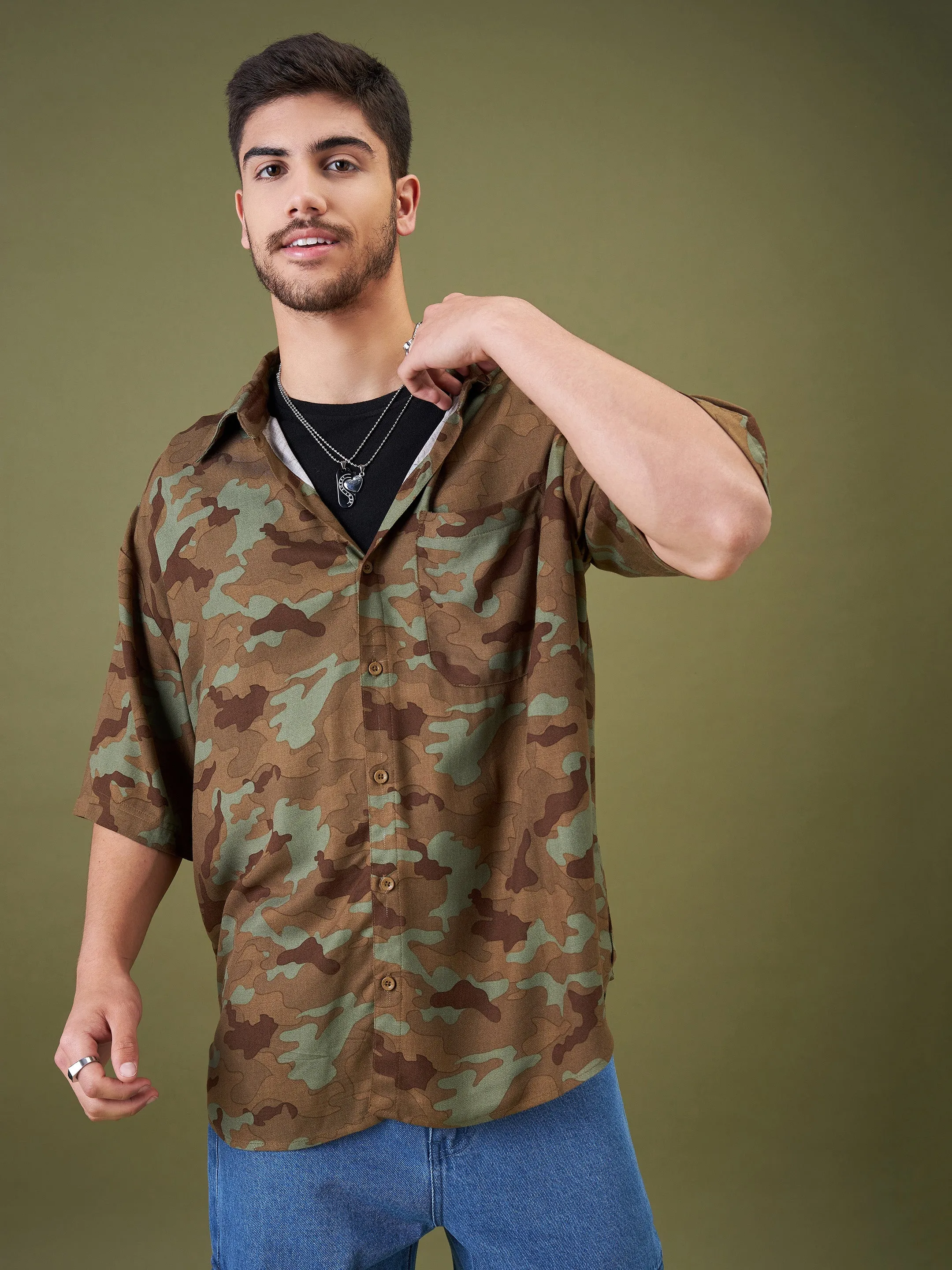 Men Camouflage Born Wild Oversized Shirt