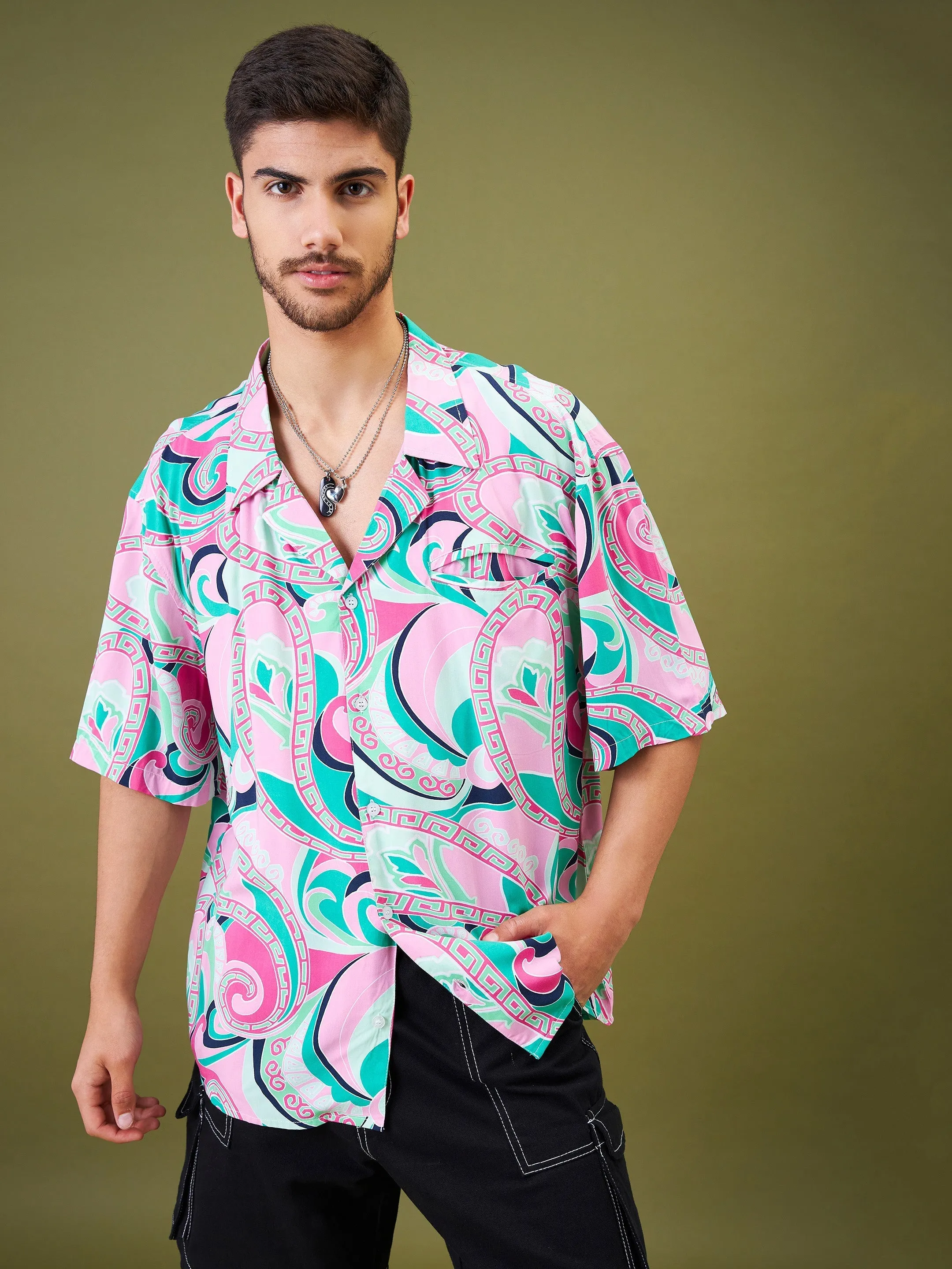 Men Pink & Green Tropical Floral Oversized Shirt