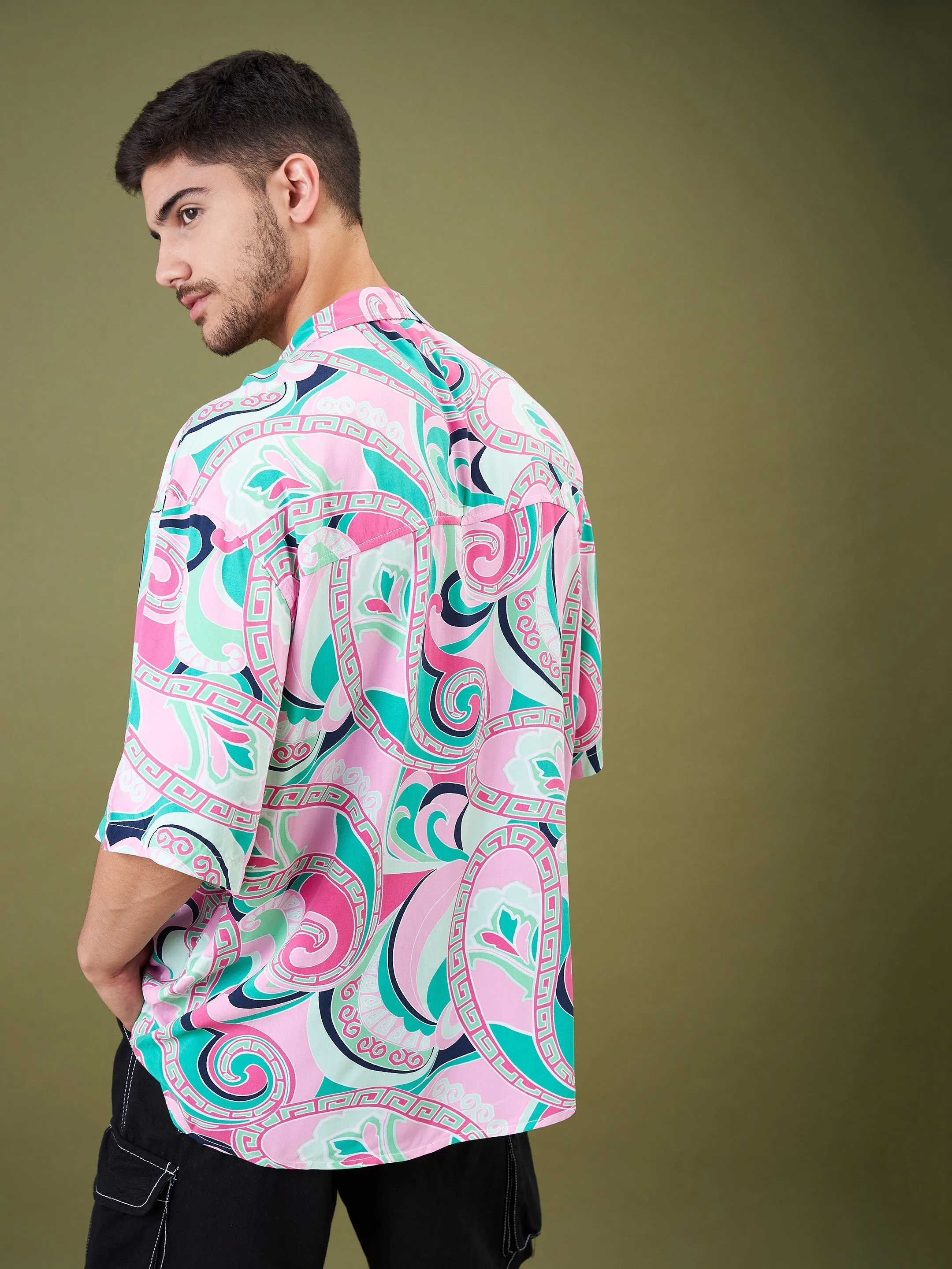 Men Pink & Green Tropical Floral Oversized Shirt