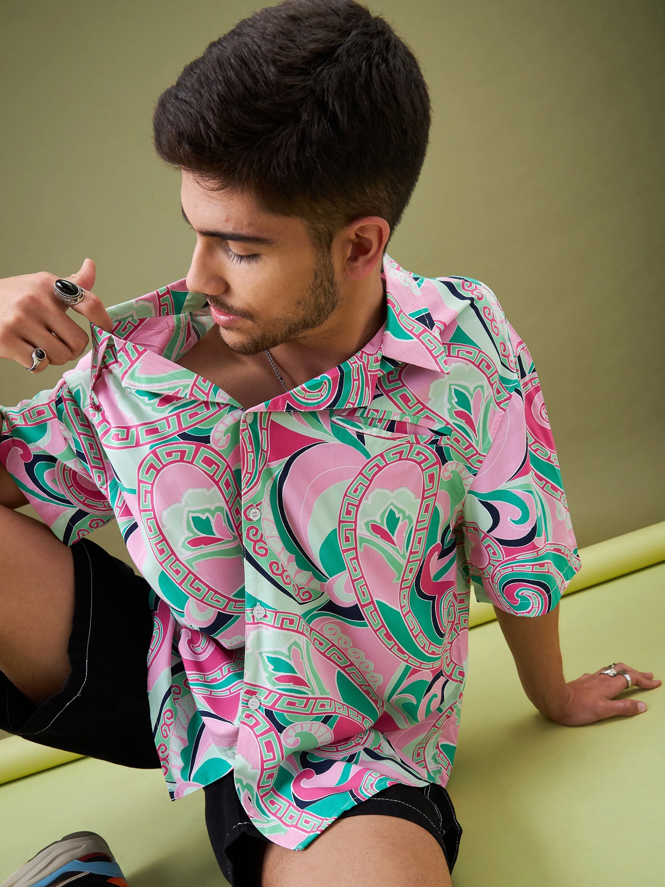 Men Pink & Green Tropical Floral Oversized Shirt