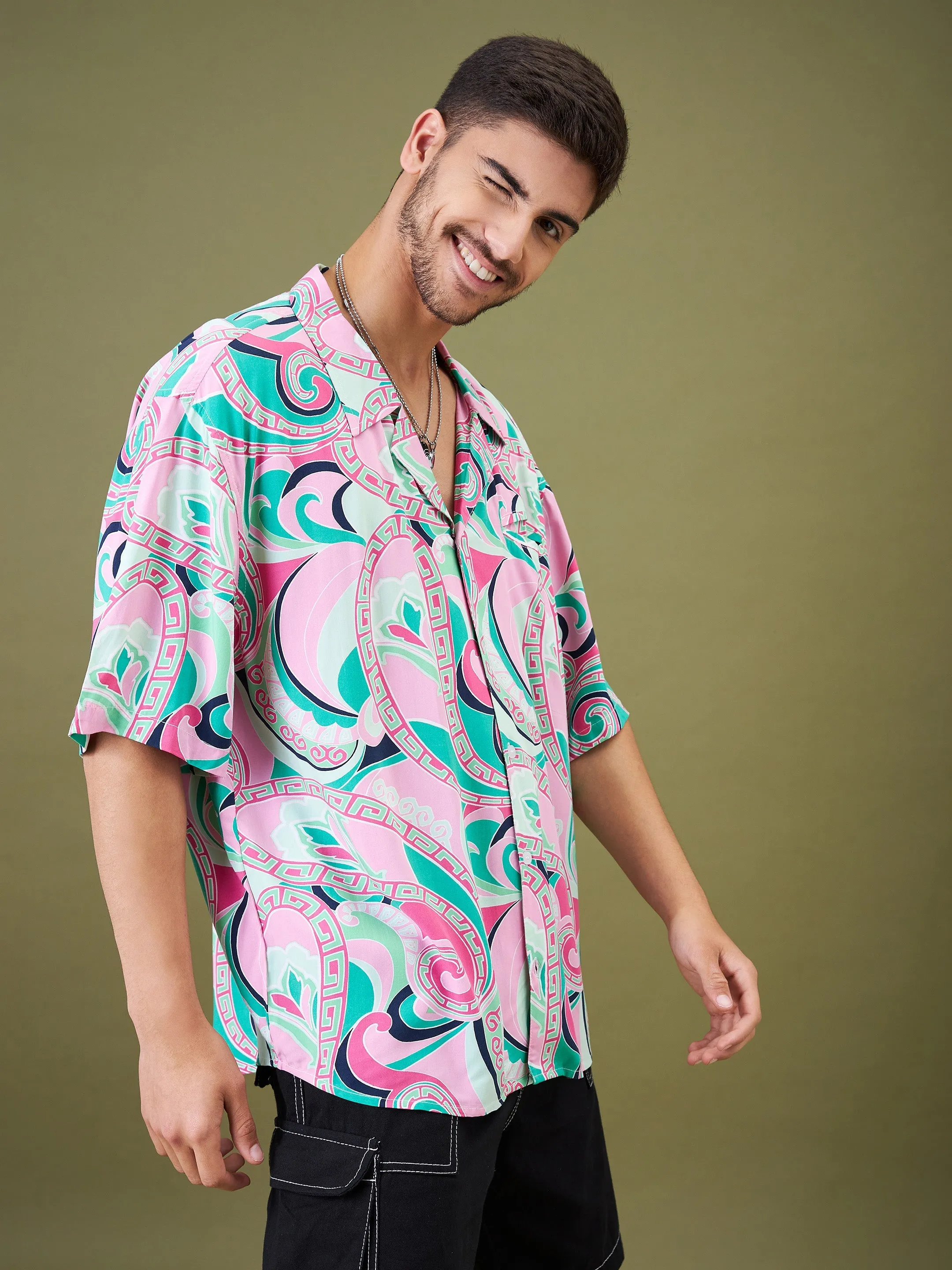 Men Pink & Green Tropical Floral Oversized Shirt