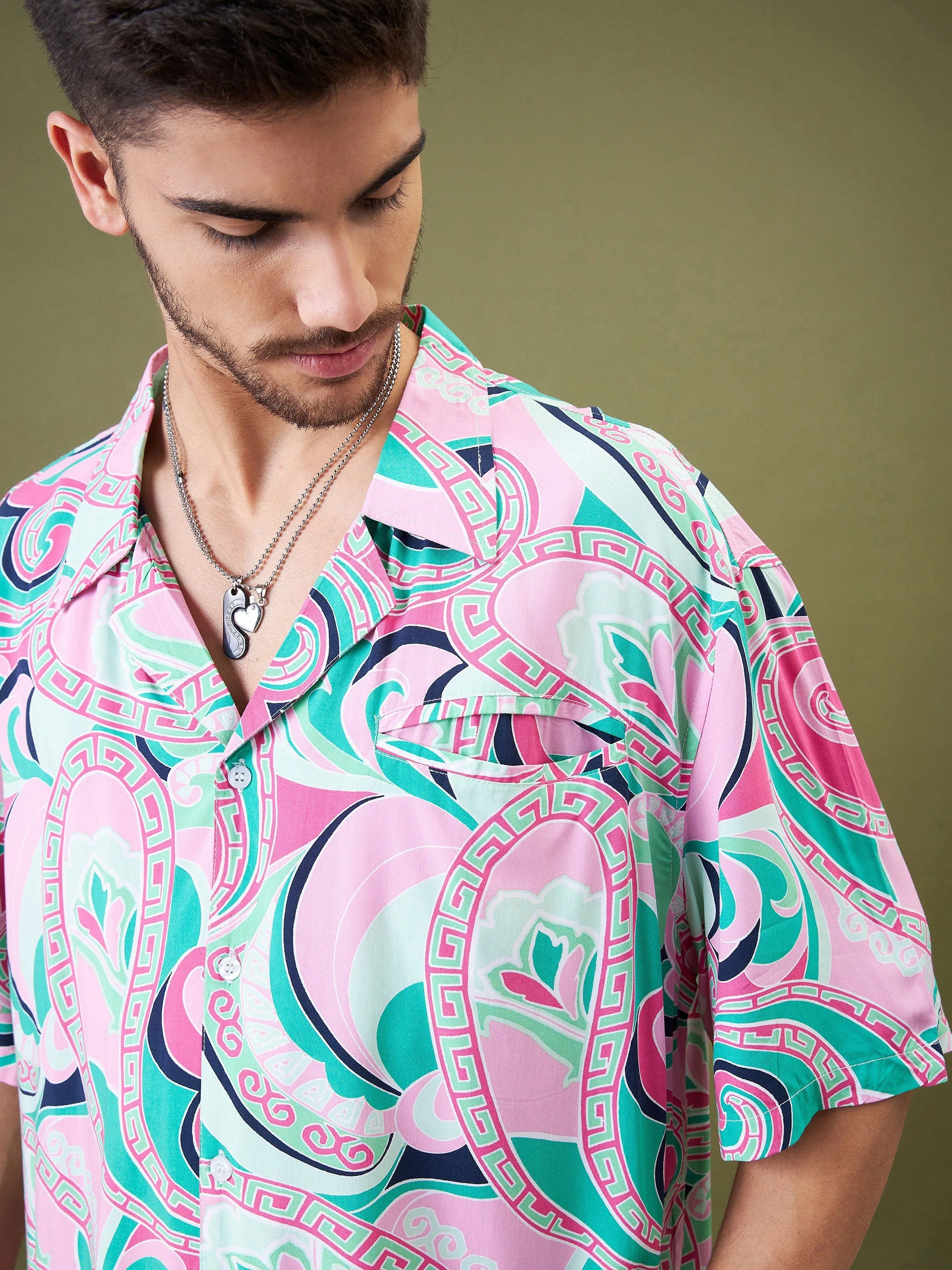 Men Pink & Green Tropical Floral Oversized Shirt