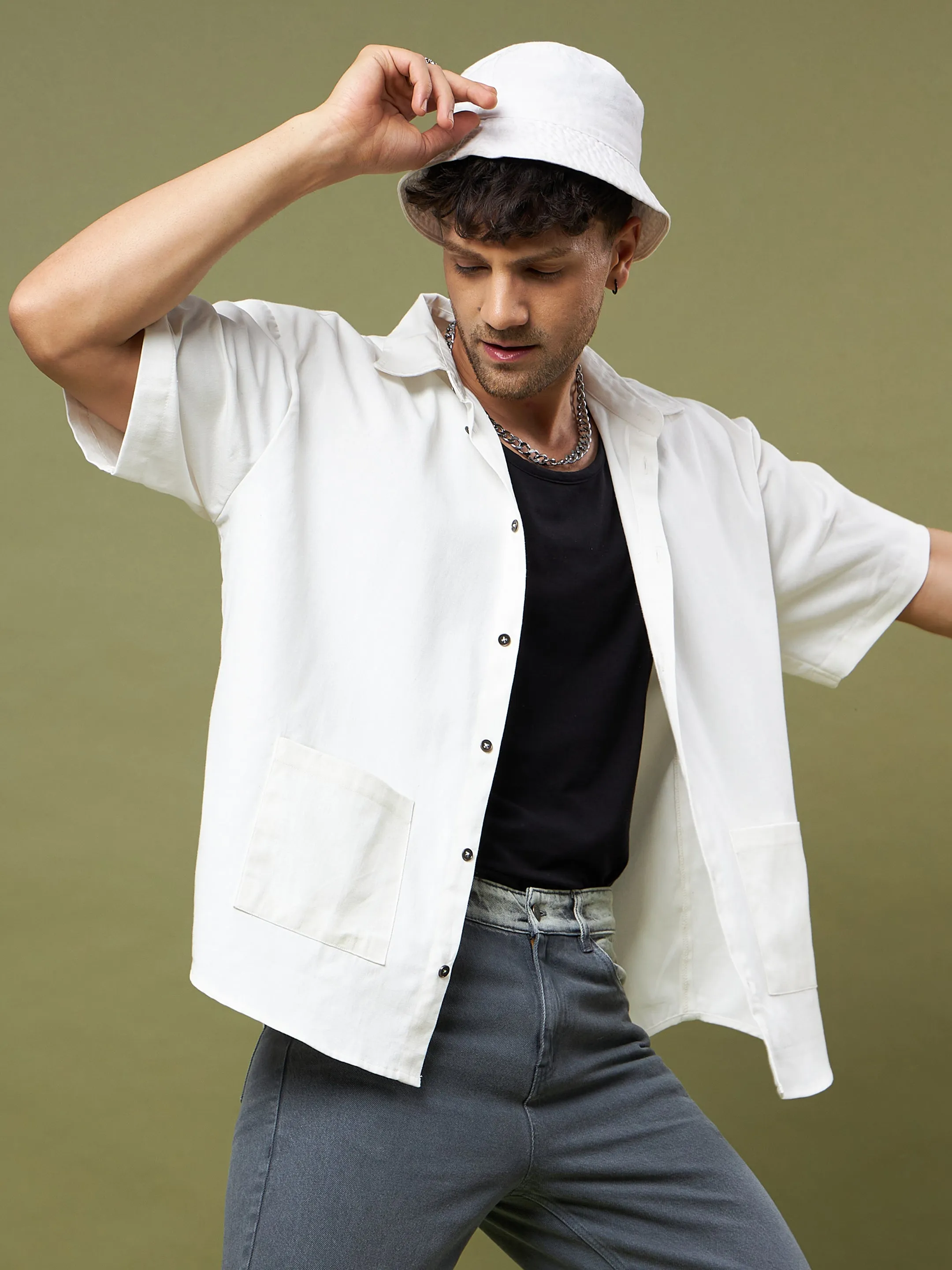 Men White Twill Uprising Printed Oversized Shirt