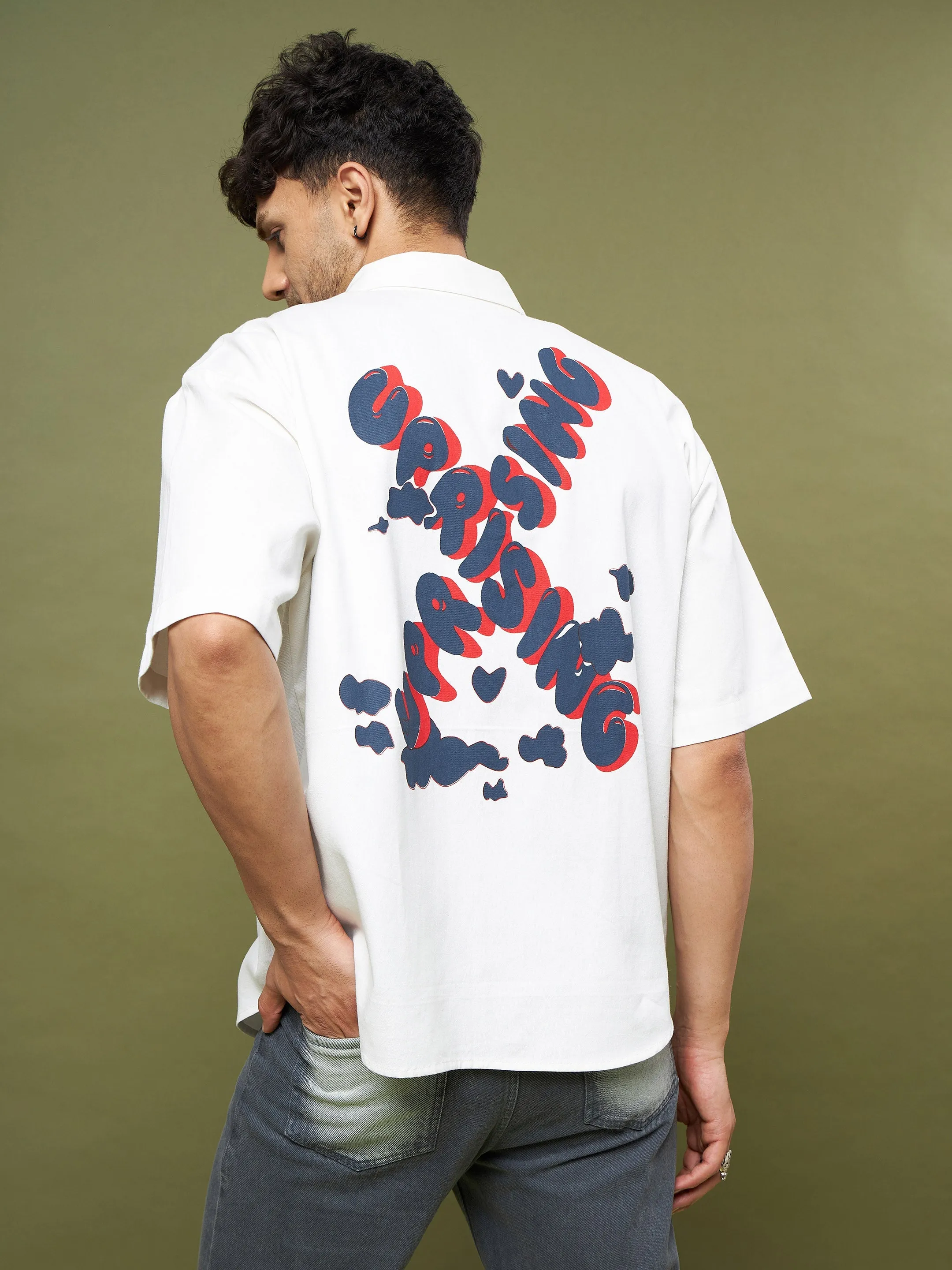 Men White Twill Uprising Printed Oversized Shirt