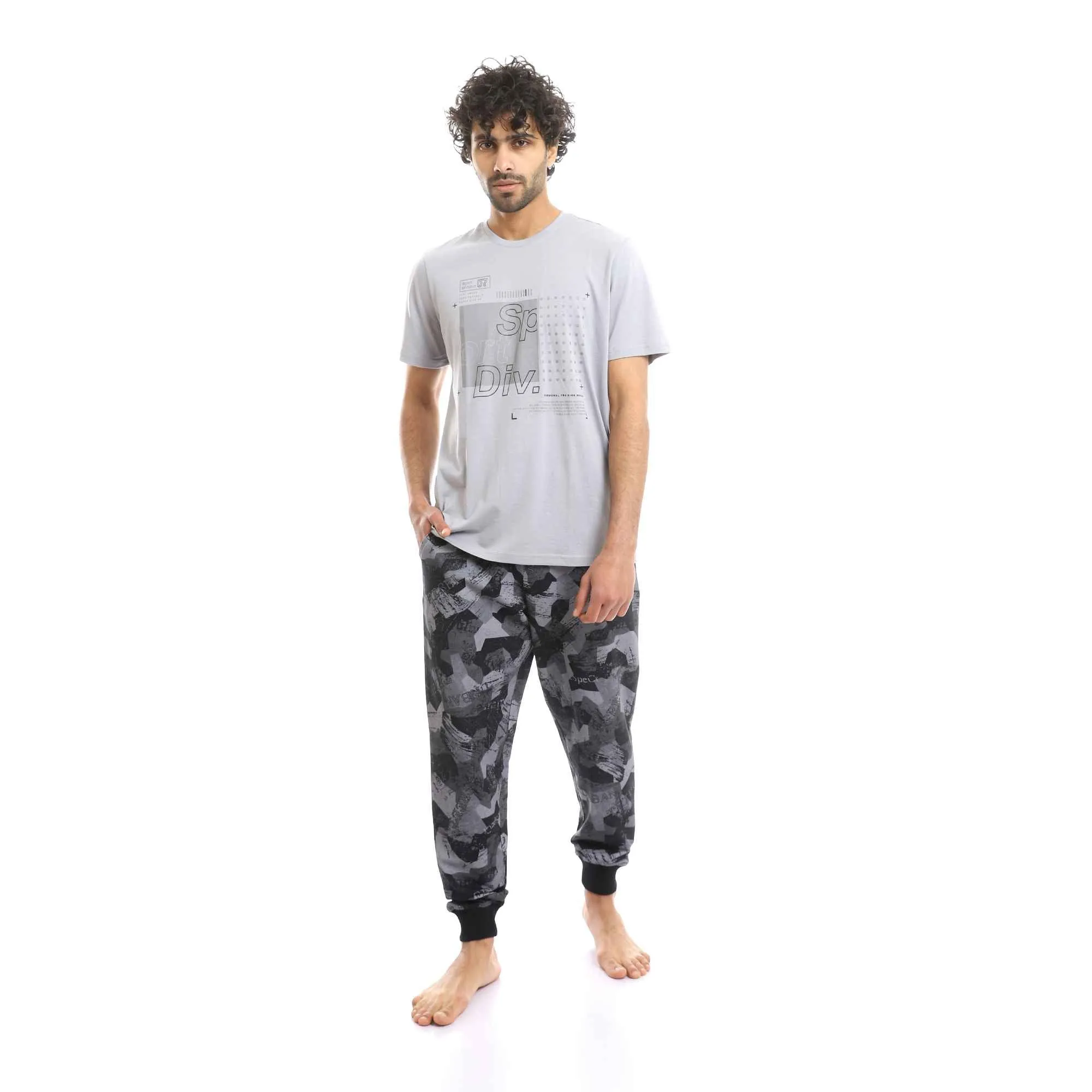 Men's Slip On Grey Tee & Black Shades Patterned Pants Pajama Set