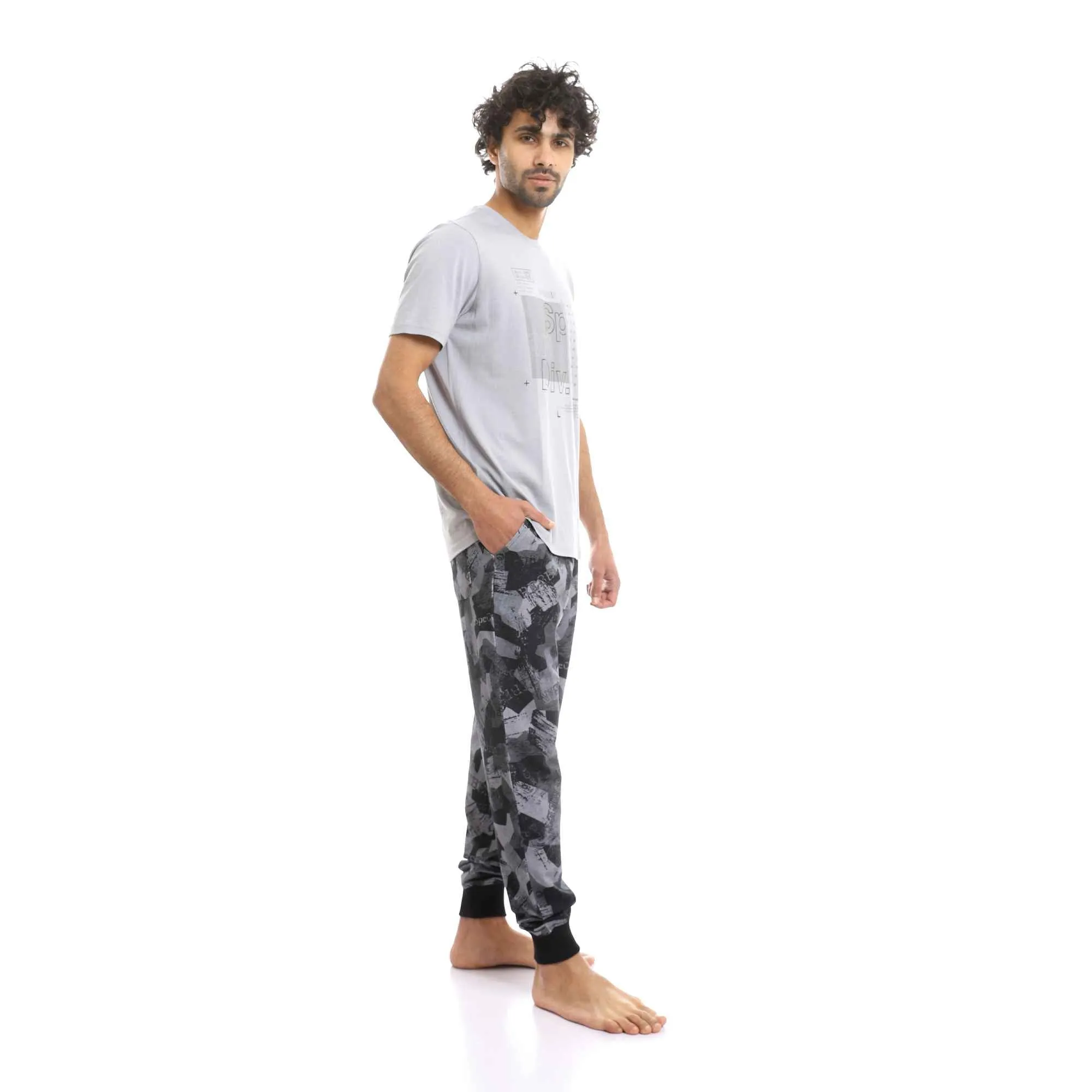 Men's Slip On Grey Tee & Black Shades Patterned Pants Pajama Set