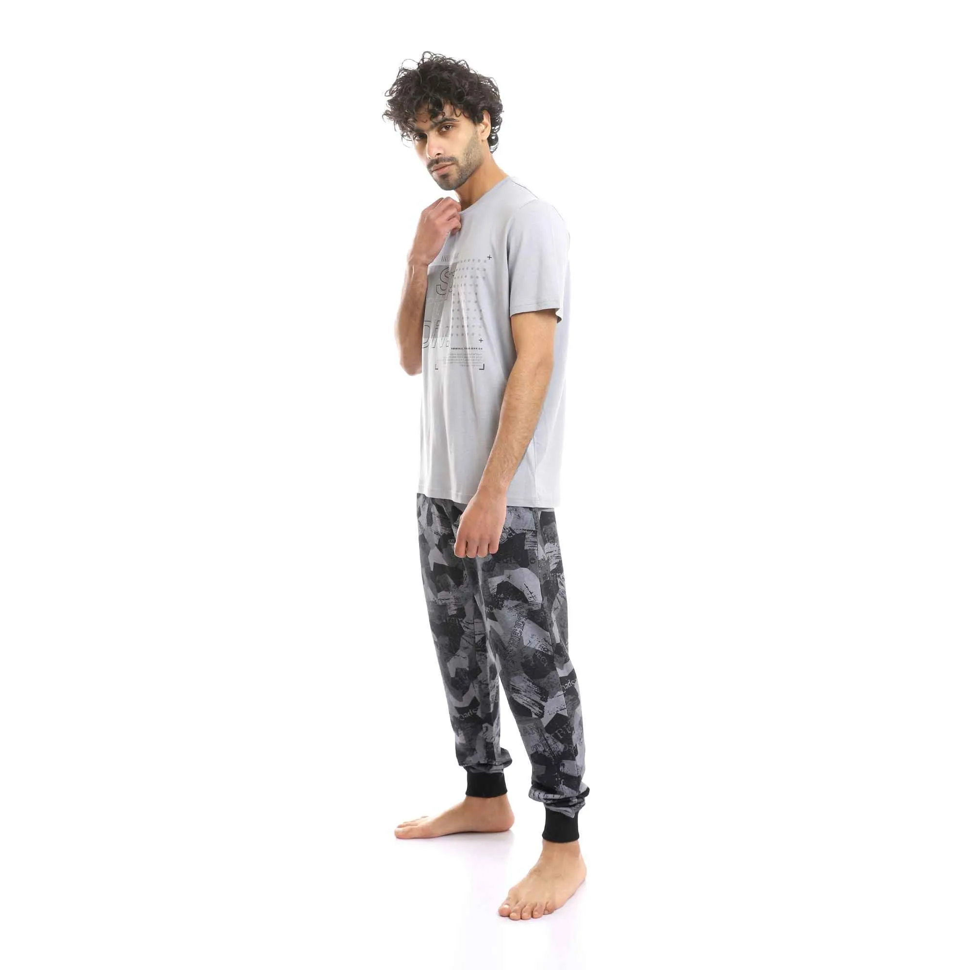 Men's Slip On Grey Tee & Black Shades Patterned Pants Pajama Set