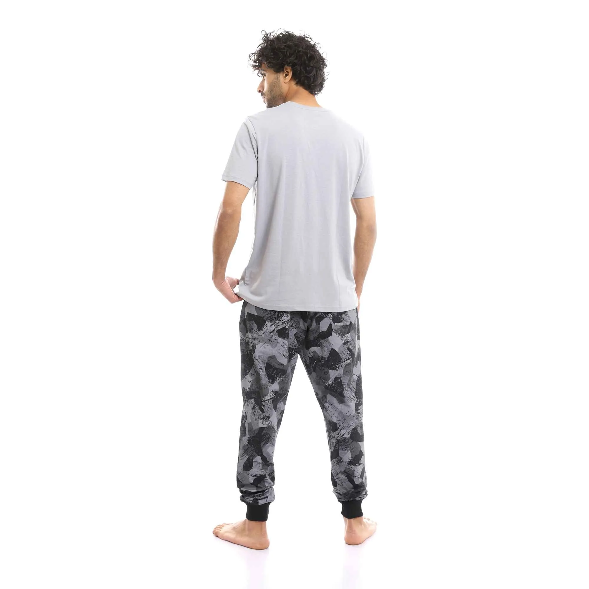 Men's Slip On Grey Tee & Black Shades Patterned Pants Pajama Set