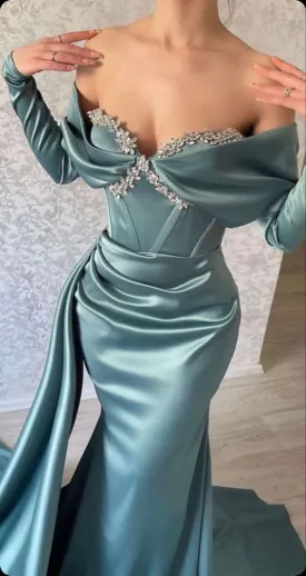 Mermaid Long Sleeve Evening Dresses,Sexy Holiday Party Gown with Crystal