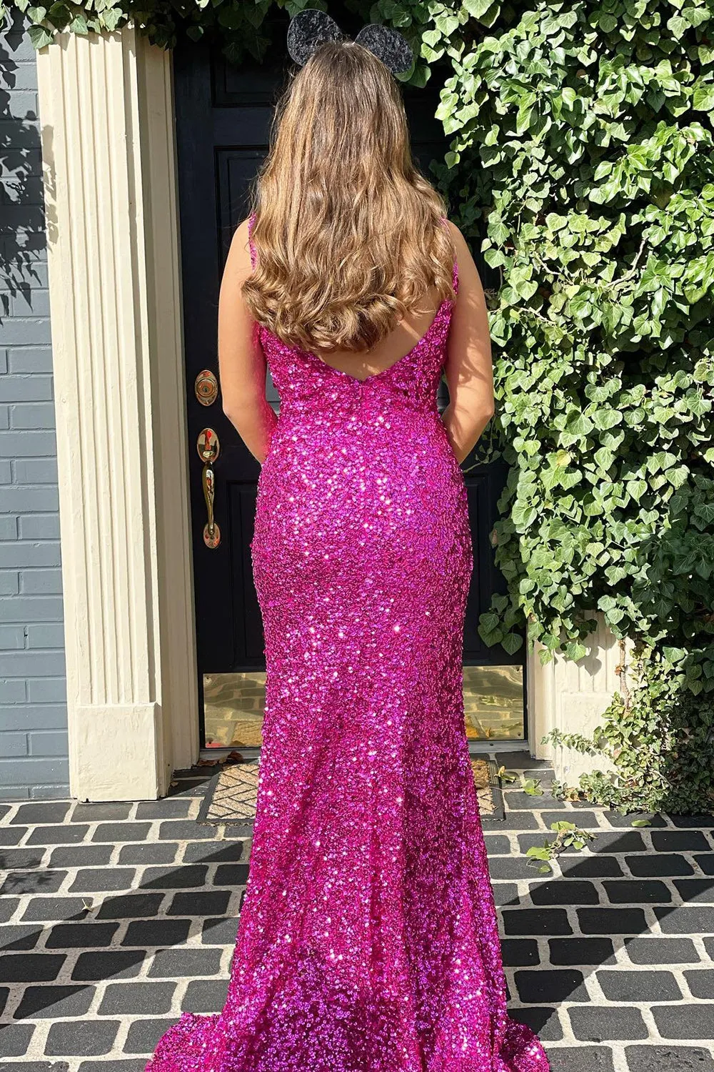 Mermaid V Neck Fuchsia Sequins Long Prom Dress,Leg Split Formal Dresses