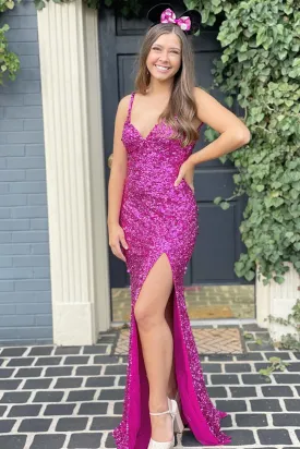 Mermaid V Neck Fuchsia Sequins Long Prom Dress,Leg Split Formal Dresses