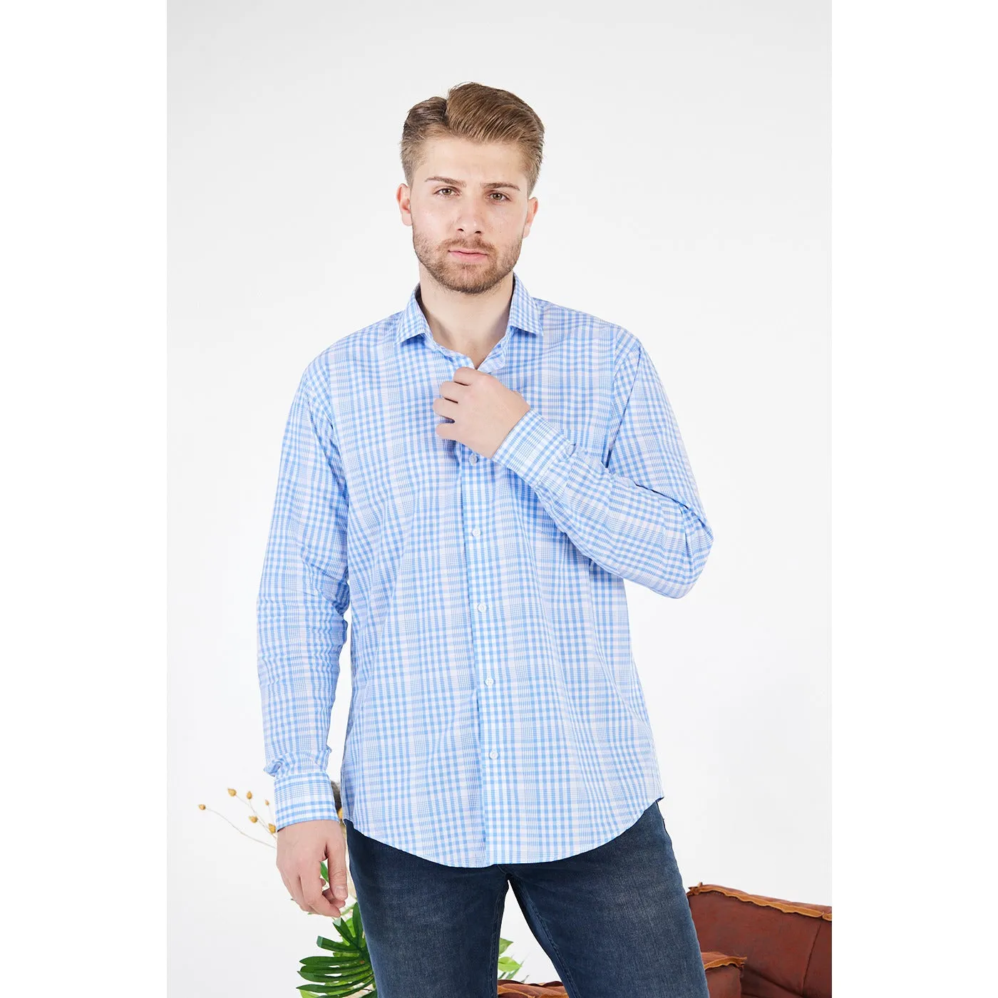 Micro-Check Light Blue Slim Fit Shirt