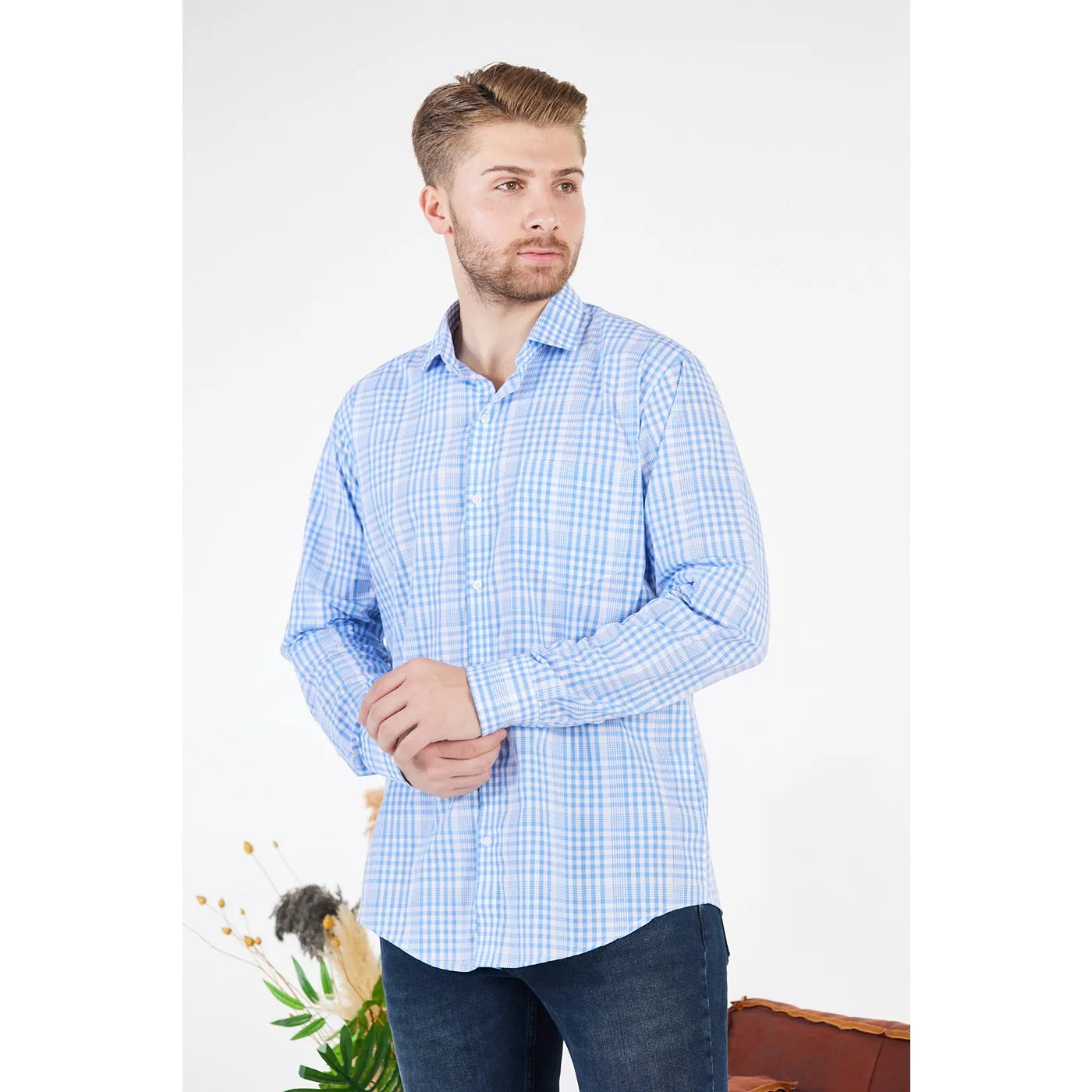 Micro-Check Light Blue Slim Fit Shirt