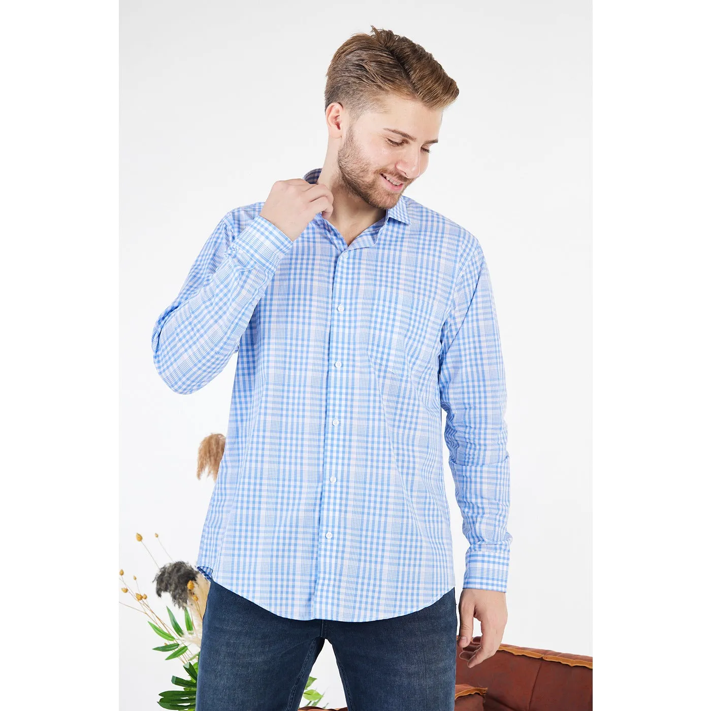 Micro-Check Light Blue Slim Fit Shirt