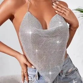 Millie Sparkly Rhinestone Chainmail Scarf Hem Tank Top