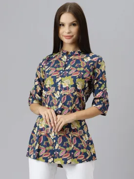 Navy Blue Floral Rayon A-Line Shirts Style Top