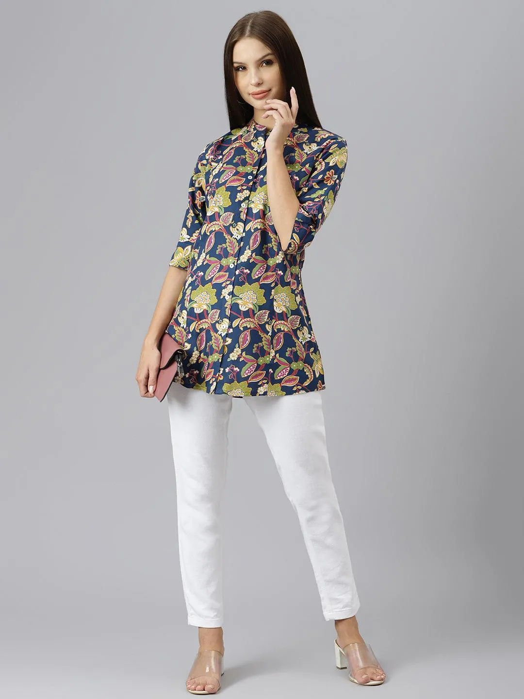 Navy Blue Floral Rayon A-Line Shirts Style Top