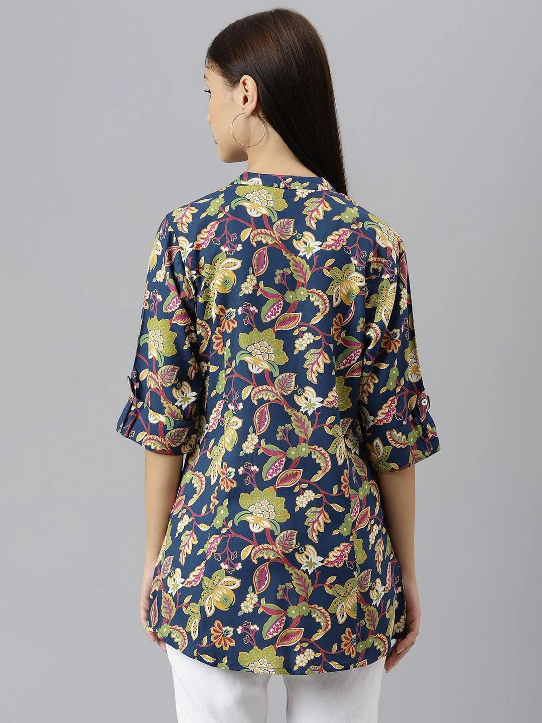 Navy Blue Floral Rayon A-Line Shirts Style Top